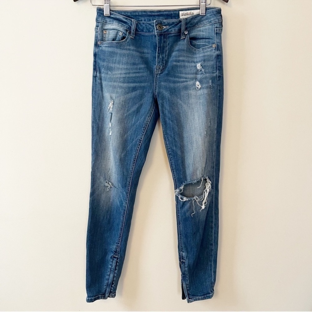 Pistola Blue Distressed Ankle Zip Mid Rise Distressed Skinny Jeans Size 27
